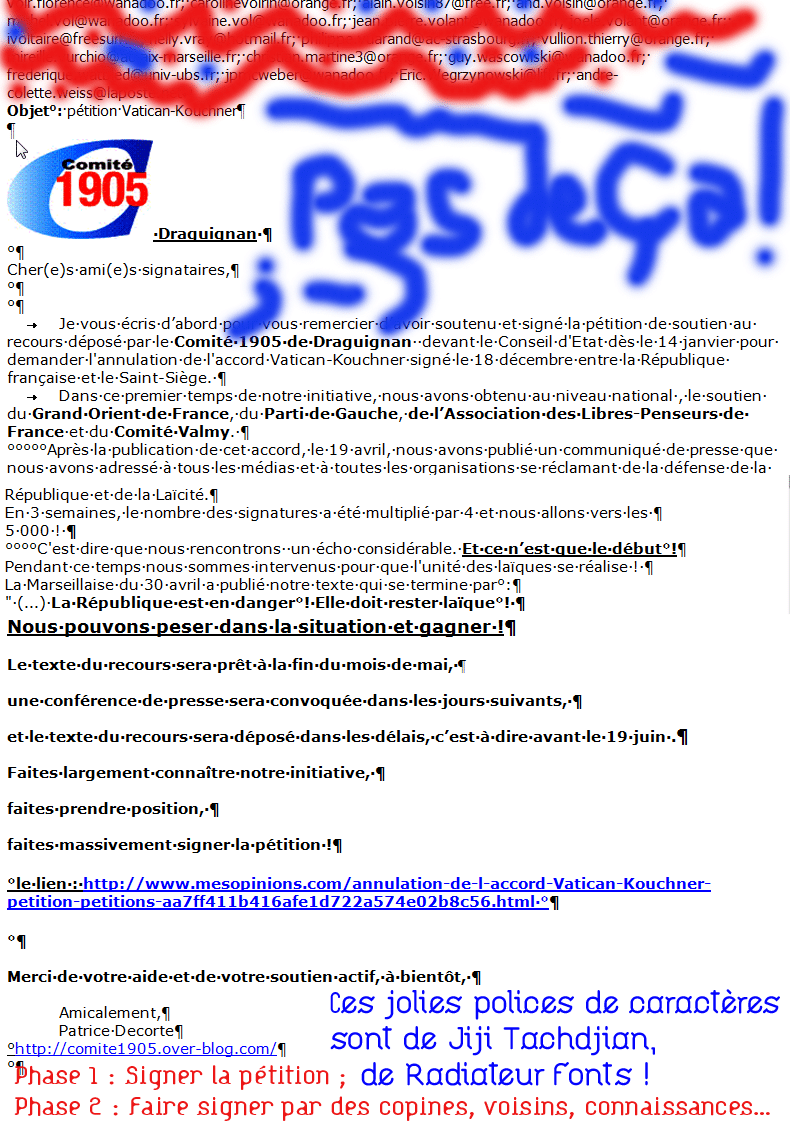 Le courriel et la pétition du Comité Loi 1905